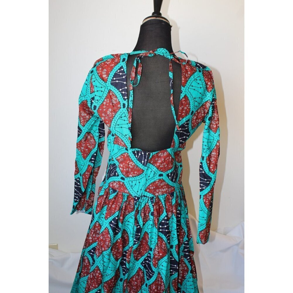 Handmade African multicolor Prairie Maxi dress M Tall Long sleeve zip up Tribal - Picture 7 of 13